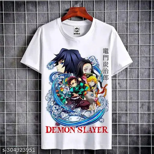 White Demon Slayer printed polyester unisex round neck half sleeve T-shirt, high quality, comfortable fit