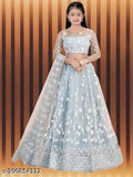 Embroidered net kids lehenga choli & duptta set, semi-stitched, sleeveless, multiple sizes available, Indian origin