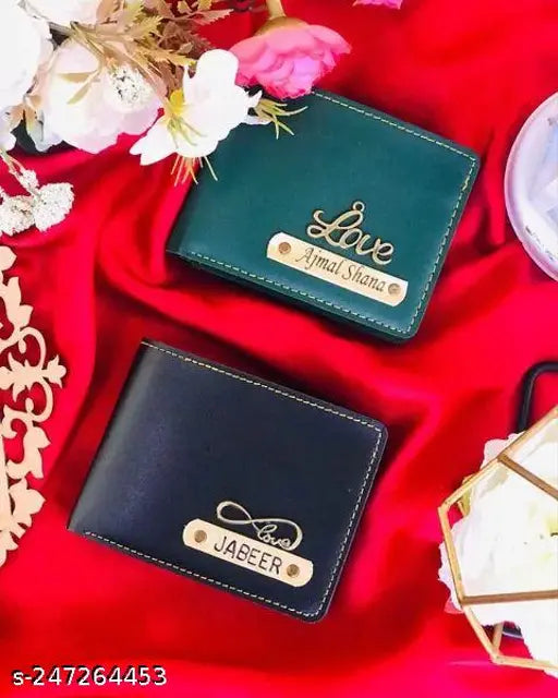 Personalized faux leather men's wallet with name and charm, solid color design, vegan friendly, available in multiple colors, ideal for gifting on special occasions like anniversaries or Rakshabandhan