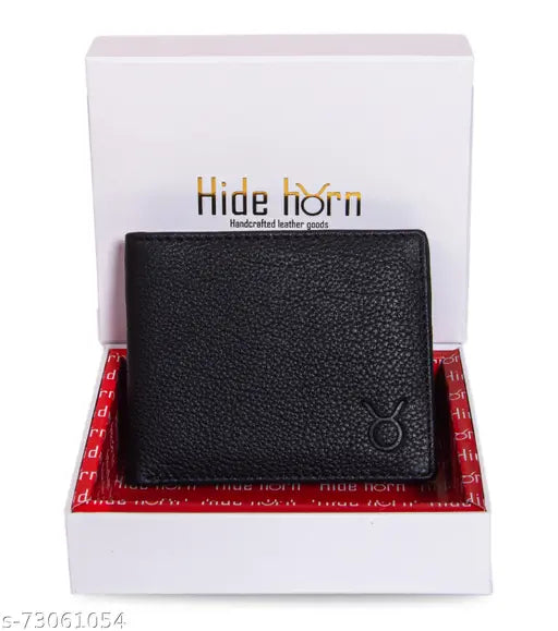 Hide Horn Bi-Fold Black Leather Men's RFID Protected Cash Card Wallet - Solid design, 4 card slots, coin pocket, ID window, gift-wrapped, 6-month warranty. Made in India
