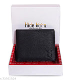 Hide Horn Bi-Fold Black Leather Men's RFID Protected Cash Card Wallet - Solid design, 4 card slots, coin pocket, ID window, gift-wrapped, 6-month warranty. Made in India