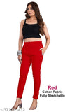 White high-waisted red stretchy trousers for women