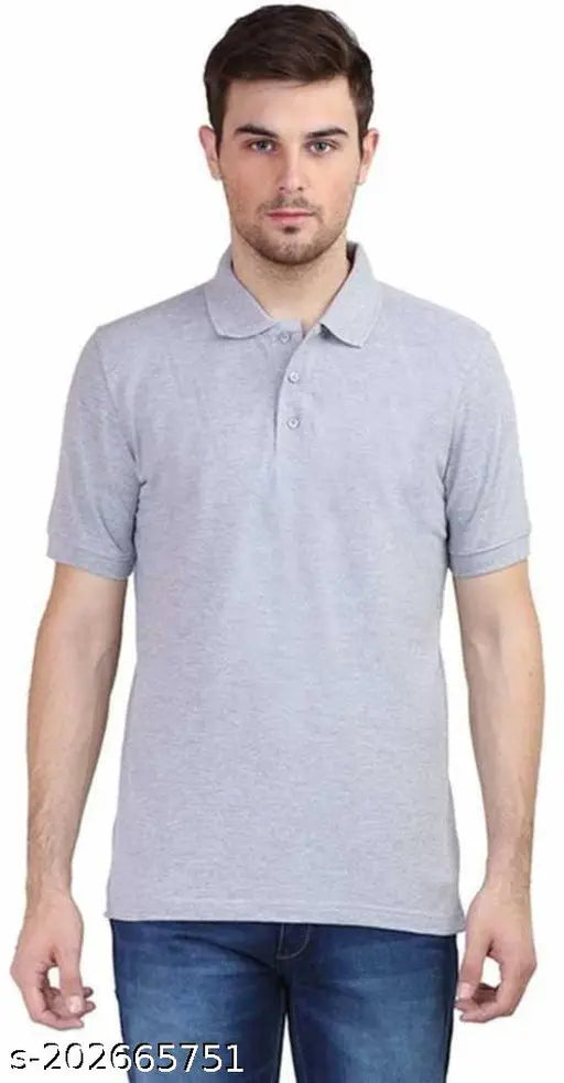 Grey cotton blend polo neck t-shirt for men, regular fit with short sleeves