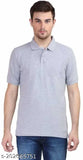 Grey cotton blend polo neck t-shirt for men, regular fit with short sleeves