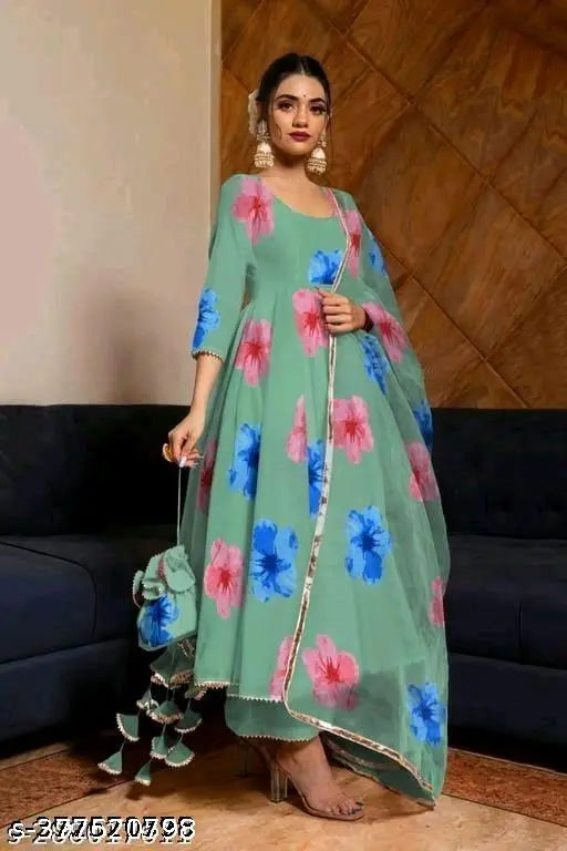 Georgette floral Anarkali dress, traditional Indian ethnic wear for parties, size S-XXL