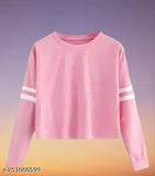 Trendy pink polycotton crop top with long sleeves, solid design, women's size S (32in bust, 18in length)