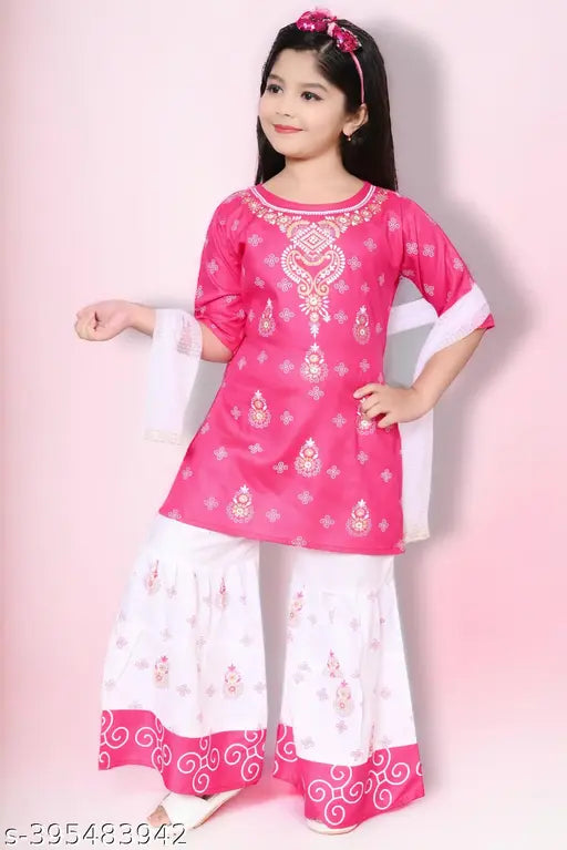 Rayon ethnic kurta palazzo set with dupatta for girls (2-3, 3-4, 4-5 years), Indian handcrafted, printed design, casual and comfortable
