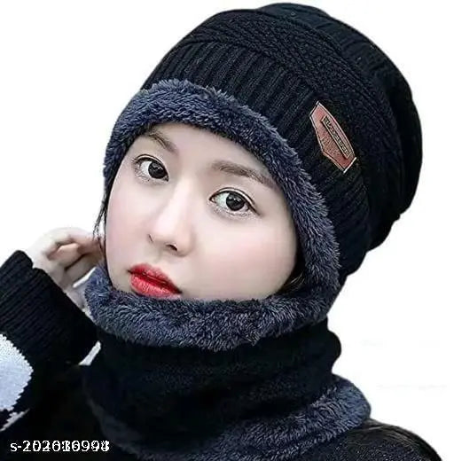 Black and grey woolen beanie cap with a neck muffler, winter style accessory for women