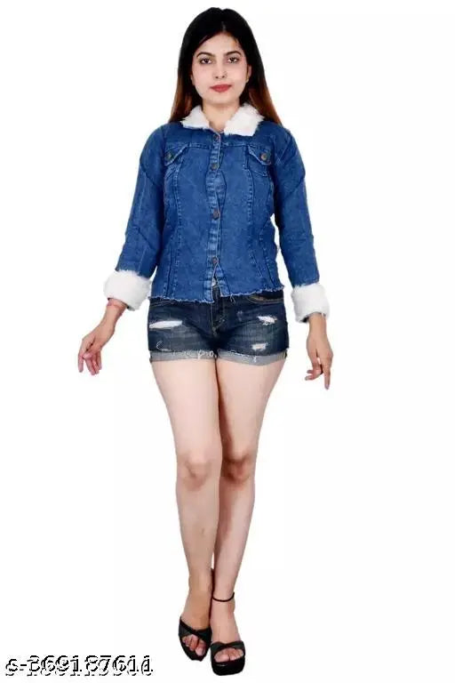 Girl wearing denim jacket with fur lining, dark blue denim