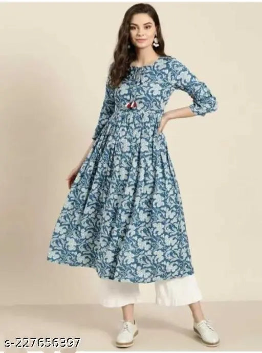 Blue Rayon Anarkali Kurti with White Palazzo, printed combo, V-neck style, three-quarter sleeves. High-demand Indian fashion for women, size S to XXL