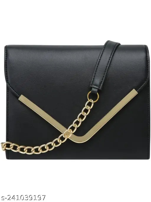 Women's black sling bag with chain strap and metal accent