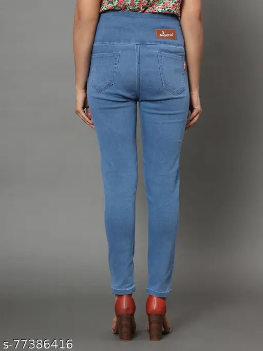 Dark blue denim jeggings with broad elastic belt and skinny fit for high waist, ankle length - women's solid style, made in India