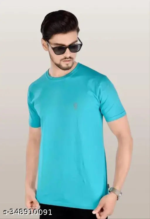 Men's sky blue cotton crew neck sports t-shirt for gym wear, perfect for men's fitness activities. Short sleeves, made in India
