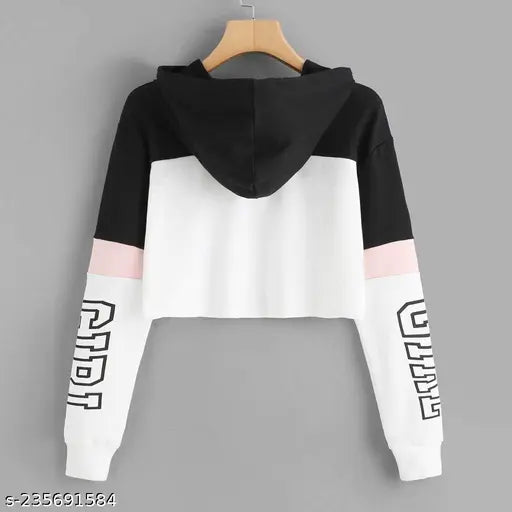 White and black color-block, full sleeve designer party wear T-shirt for women and girls (crop length, hood neck), cotton blend fabric with printed pattern