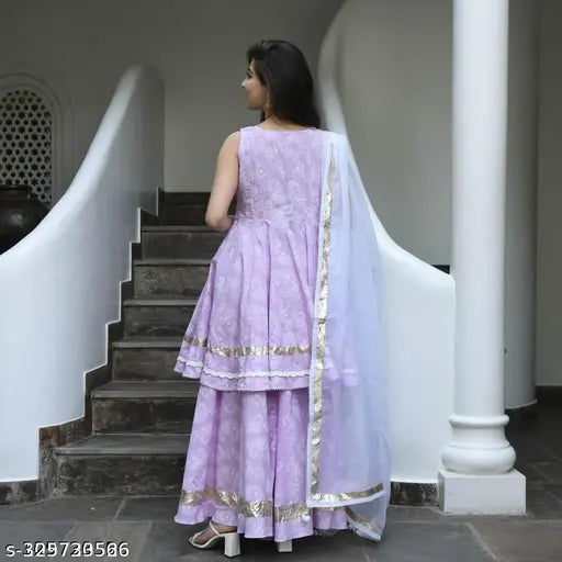 Purple printed dupatta set, intricate embroidery, long sleeves