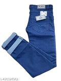 Men's regular wear blue stretch denim pants, elastic waistband with belt loops, zip fly, 16.5cm inseam