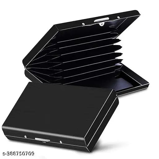 Black metal RFID blocking wallet with 7 slots for men and women, secure storage solution for credit cards
