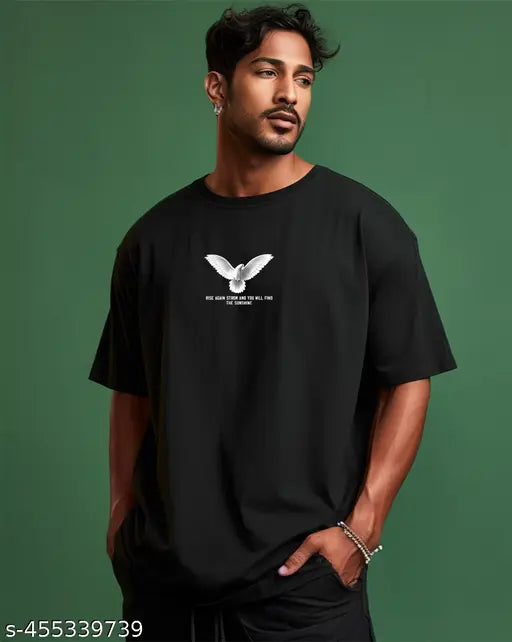 Men's cotton lycra oversized t-shirt with printed sleeve, loose fit and cool graphics. Perfect for everyday wear and street-style. Size M (Chest 19", Length 27"). Made in India
