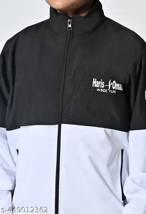 Black and white striped jacket with a logo on the left chest area