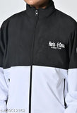 Black and white striped jacket with a logo on the left chest area