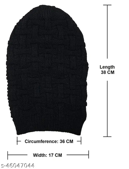Black woolen slouchy knitted beanie cap for men women, freestyle sizing, 2 pack