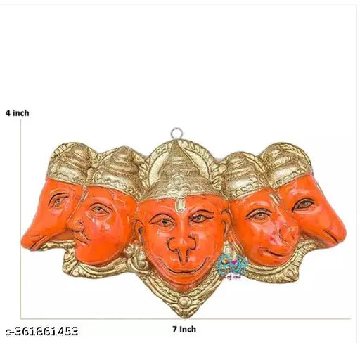 Orange resin Panchmukhi Hanuman statue, decorative idol for pooja and vastu, 7x4 inches
