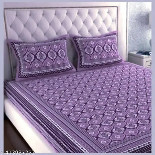 Purple cotton double bed sheet with 2 pillows, 90x100, floral pattern.