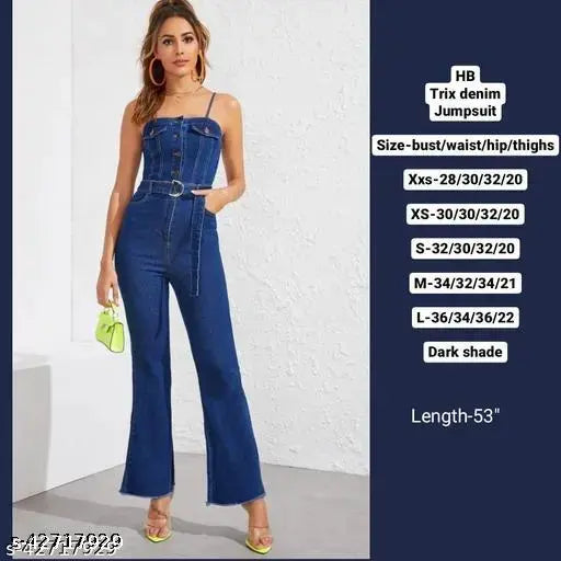 Dark-shade denim Trix jumpsuit by HighBuy - short sleeves, belted fit. Best quality Indian denim fashion