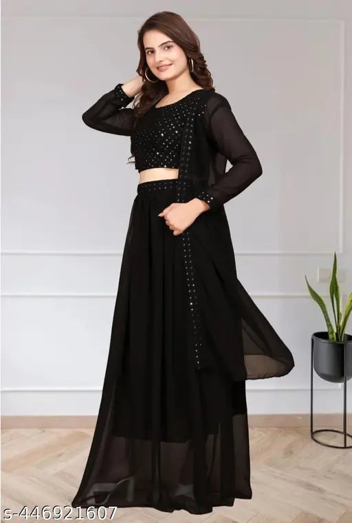 Black Georgette Indo-Western Lehenga Set with Long Shrug and Sleeves - New Purple, XL size