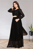 Black Georgette Indo-Western Lehenga Set with Long Shrug and Sleeves - New Purple, XL size