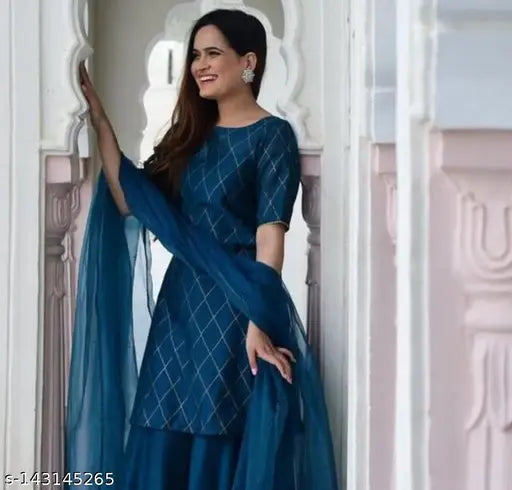 Rayon women's kurti and sharara set, blue and black pattern
