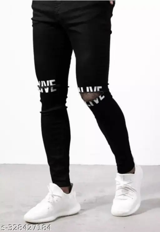 Designer black denim knee-cut jeans, men's slim fit with solid fabric and placement print. Sizes: 28 (waist 28in, length 40in), 30 (waist 30in, length 40in), 32 (waist 32in, length 40in). Made in India