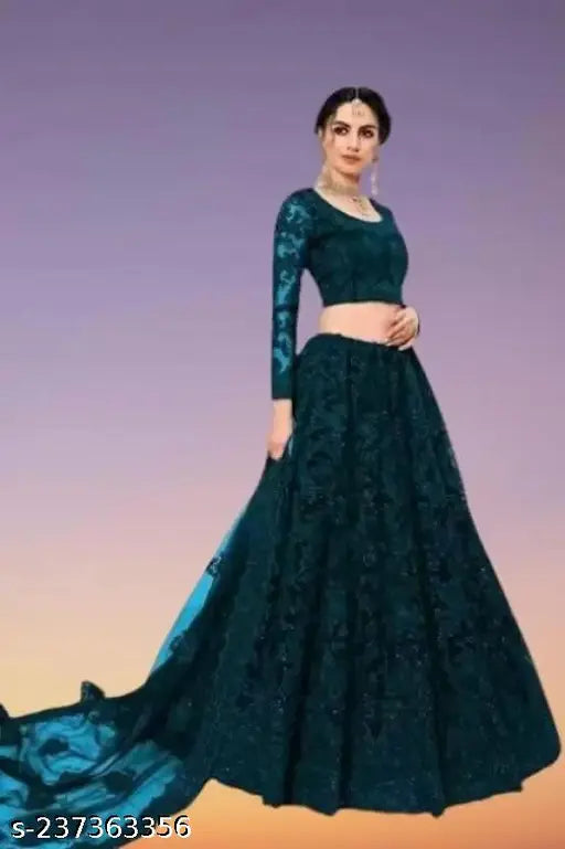 Acrylic embellished heavy lehenga set with net dupatta, semi-stitched (42waist/46length), Indian embroidered traditional wear