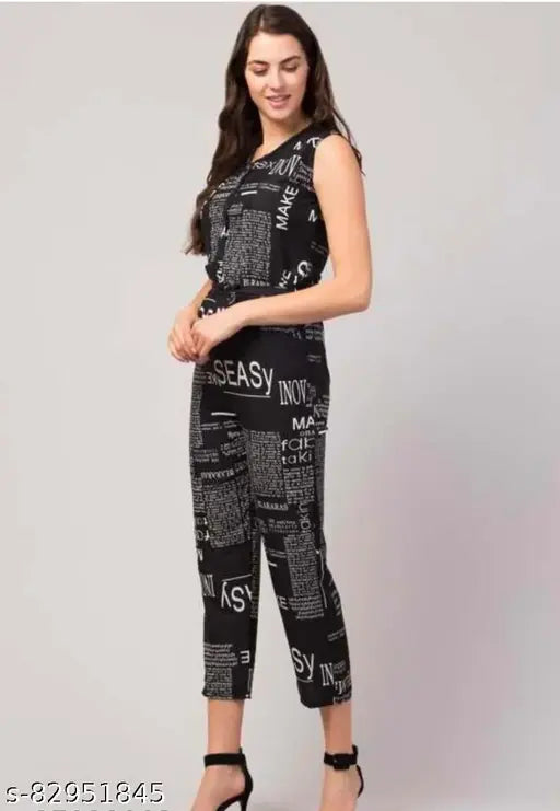 Trendy newspaper print crepe jumpsuit for girls and women, sleeveless style