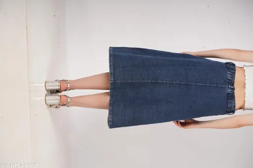 Denim flared skirt, high-waisted with two buttons, dyed/washed for women & girls, calf length, India origin