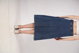 Denim flared skirt, high-waisted with two buttons, dyed/washed for women & girls, calf length, India origin