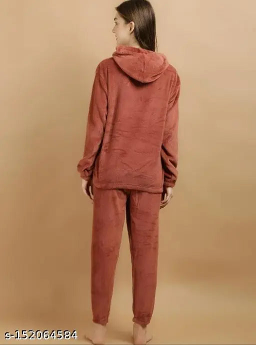 Woolen fur hood nightsuit, imported warm ladies nightwear in solid color, cosy and warm winter pyjamas