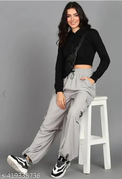 Gray cargo pants, blue denim waistband