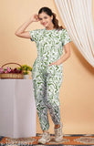 Printed cotton-blend women's track suit night suit with short sleeves and side pockets, suitable for home, travel, or gym wear