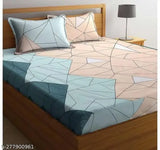Golden glace cotton geometric print elastic-fitted bedsheet (queen size) with 2 pillow covers - ideal for summer, superfine quality