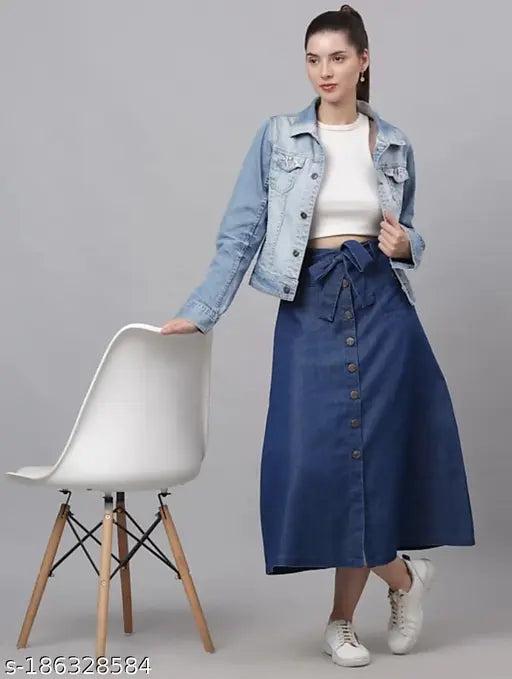 Blue denim Western skirt with belt and two front pockets - Stylish women's jeans skirt in solid denim for all seasons. Available in sizes 26-44