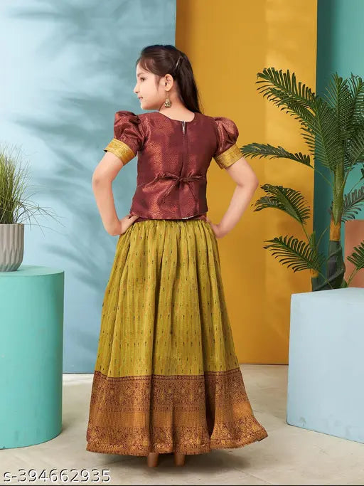 Aarika Girls Maroon & Green Brocade Lehenga Cholis, hand-embroidered with lace work, half sleeves, for 5-11 year-olds, Indian origin