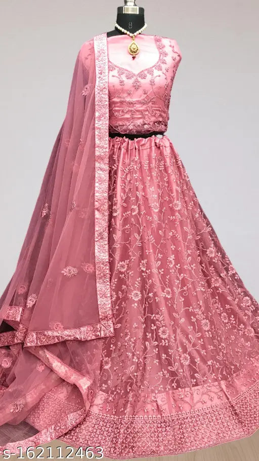 Pink net lehenga choli set with embroidered designs, suitable for women and girls. Free size, 42m waist and 42m length. Includes 1 lehenga, 1 dupatta, and 1 semi-stitched blouse piece. Best for regular occasions, parties, weddings, festivals, traditional events, bridal functions, trips. Ideal gift for loved ones. Indian ethnic wear, partywear, Indo-western lehenga choli