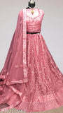 Pink net lehenga choli set with embroidered designs, suitable for women and girls. Free size, 42m waist and 42m length. Includes 1 lehenga, 1 dupatta, and 1 semi-stitched blouse piece. Best for regular occasions, parties, weddings, festivals, traditional events, bridal functions, trips. Ideal gift for loved ones. Indian ethnic wear, partywear, Indo-western lehenga choli
