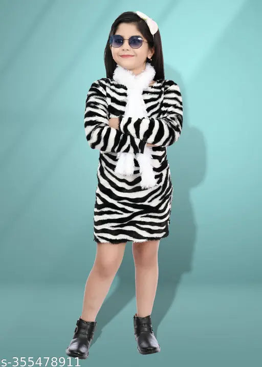 Wool animal print fur dress, embellished SPAMitude Girls party wear for kids 6-12 months to 10-11 years