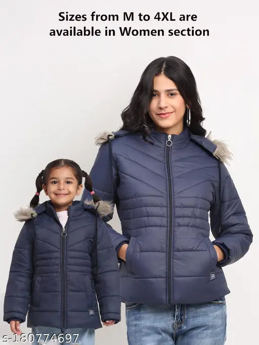Winter coat, navy blue, fur lining, girls', full-length, solid design