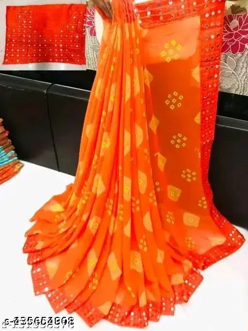 Red georgette saree with mirror work
