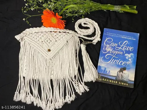White macramé sling bag with tassels