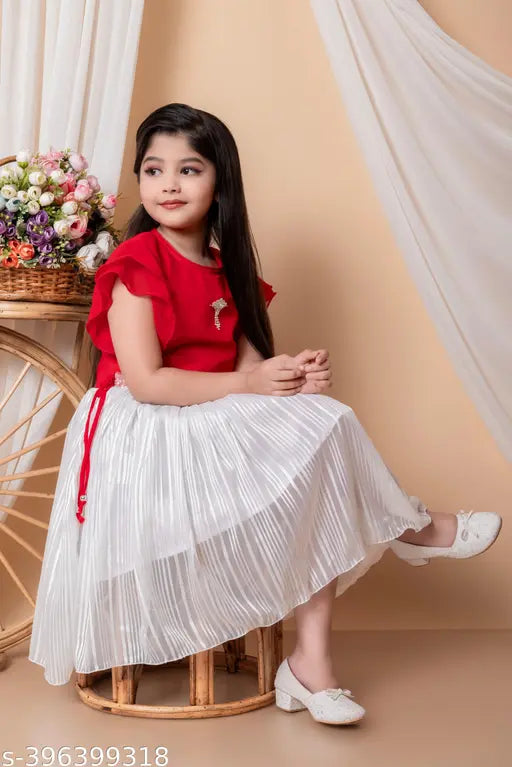 Red and Silver Zari Chiffon Multicolored Party Dress for 18 Years Little Princess (Pack of 1) - Indian handcrafted festive frock with below knee length, short sleeves, striped net pattern