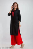 Black rayon kurta with printed net pattern, three-quarter sleeves and red rayon palazzo bottomwear - Indian ethnic wear for women